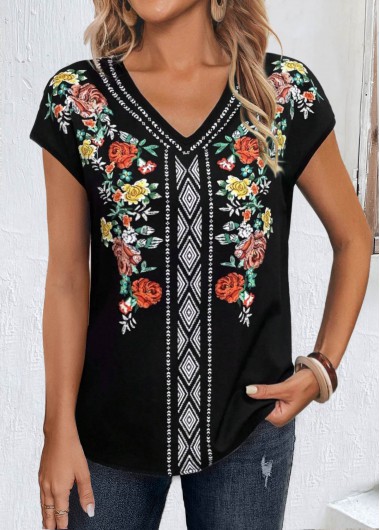 Floral Print Patchwork Black V Neck T Shirt
