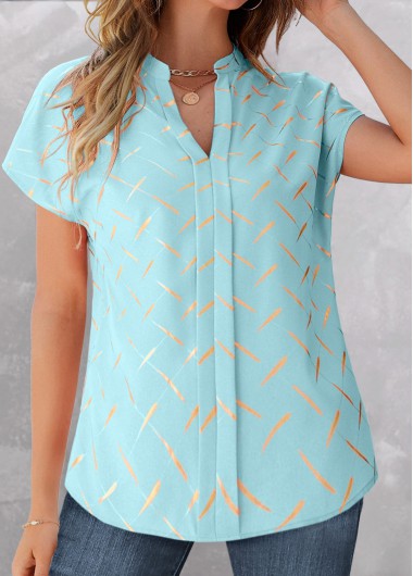 ROTITA Split Striped Light Blue Short Sleeve Blouse