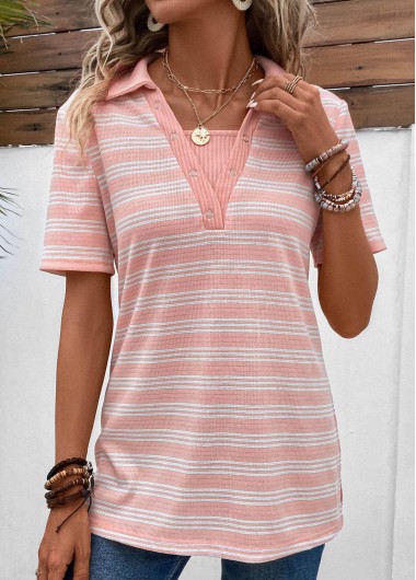Eyelet Shirt Collar Short Sleeve Pink Blouse
