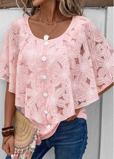 ROTITA Button Pink Round Neck Half Sleeve Blouse