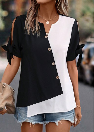 Split Neck Patchwork Contrast Color Short Sleeve Blouse