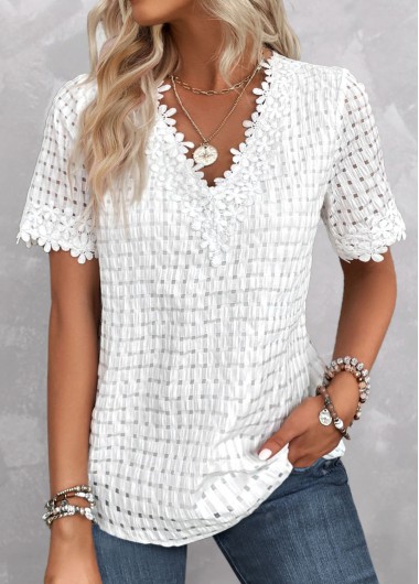 ROTITA Embroidery White V Neck Short Sleeve Blouse