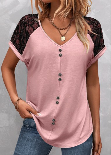 ROTITA Patchwork Pink V Neck Short Sleeve T Shirt