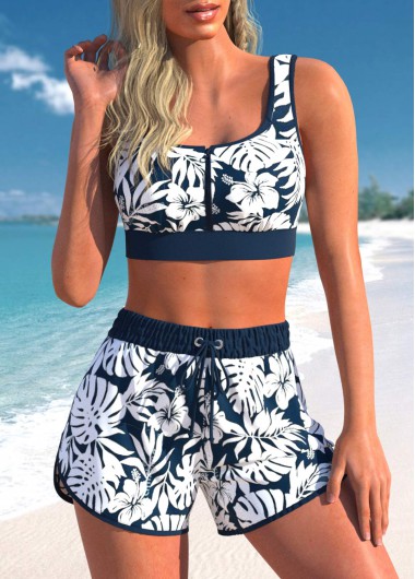 High Waisted Floral Print Zipper Navy Bikini Set
