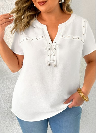 White Plus Size Eyelet Short Sleeve Blouse