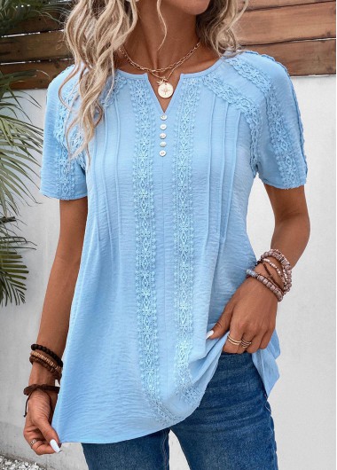 Split Neck Patchwork Light Blue Short Sleeve Blouse