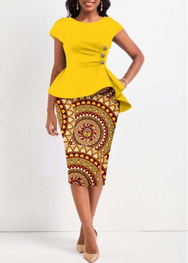 Tribal Print Button Yellow Round Neck Bodycon Dress