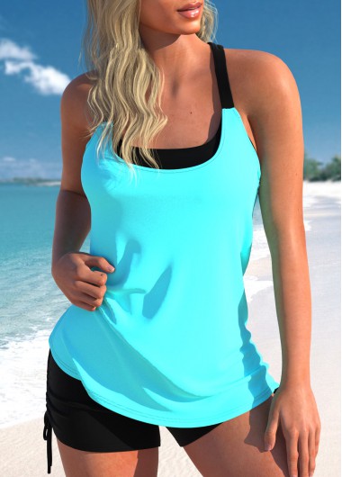 Cutout Fake 2in1 Cyan Tankini Top