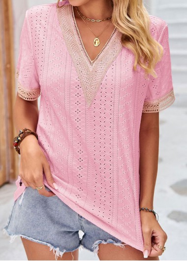 Patchwork Pink V Neck Short Sleeve T Shirt