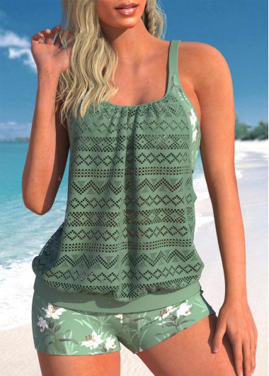Mid Waisted Floral Print Lace Tankini Set