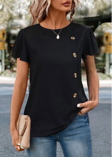 Plus Size Black Button Short Sleeve T Shirt