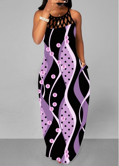 Geometric Print Cage Neck Light Purple Maxi Dress