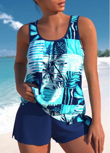 ROTITA Tie Cyan Tropical Plants Print Tankini Set