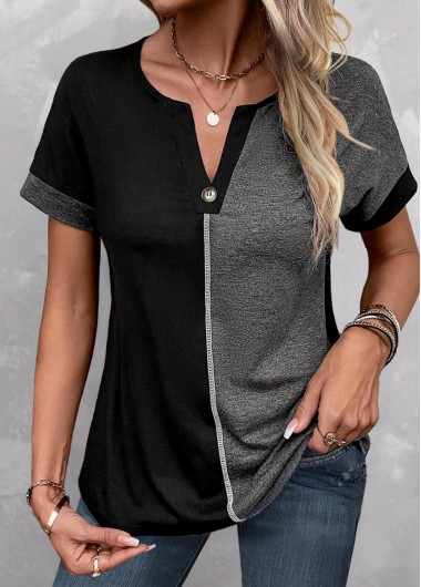 ROTITA Button Dark Grey Marl Split Neck T Shirt