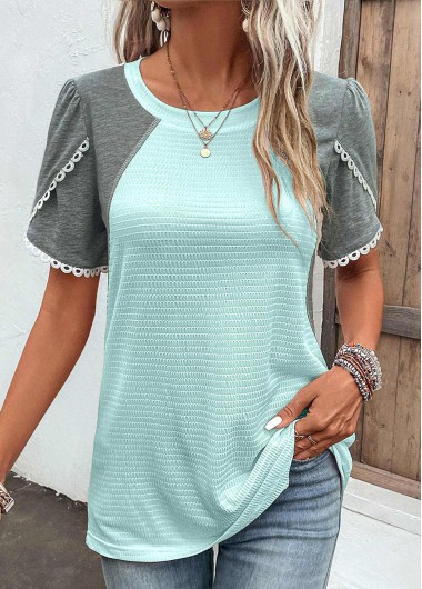 Patchwork Round Neck Light Blue T Shirt