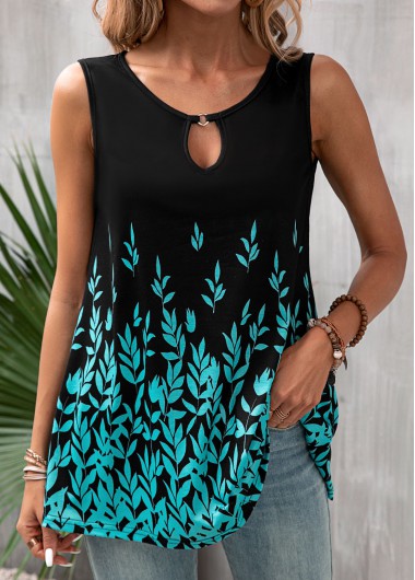 ROTITA Cut Out Leaf Print Black Tank Top