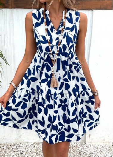 Leaf Print Ruched Navy Short A Line Dress