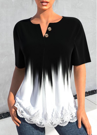 Ombre Patchwork Black Split Neck Short Sleeve Blouse