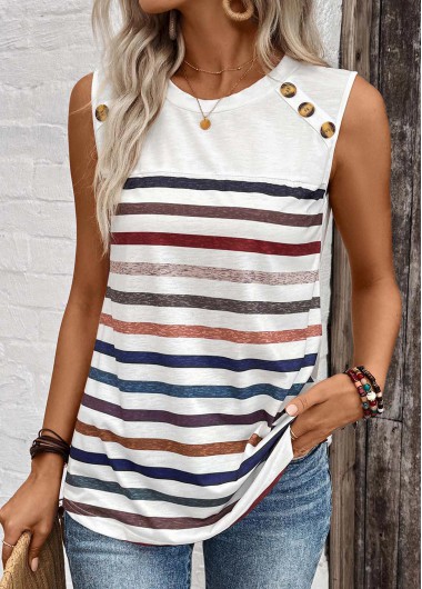 ROTITA Button Striped White Round Neck Tank Top