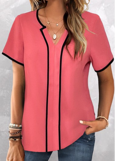 ROTITA Contrast Binding Coral Split Neck Short Sleeve Blouse