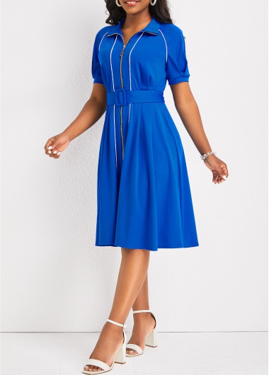 Royal Blue H Shape Shirt Zipper Collar Dress