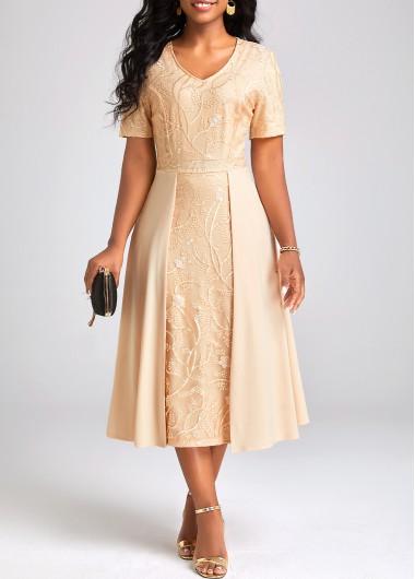 Champagne Patchwork V Neck Short Sleeve Dress