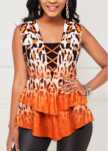 Leopard Layered Orange Square Neck Sleeveless Blouse