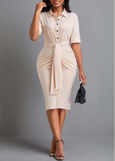 Button Shirt Collar Short Sleeve Beige Bodycon Dress