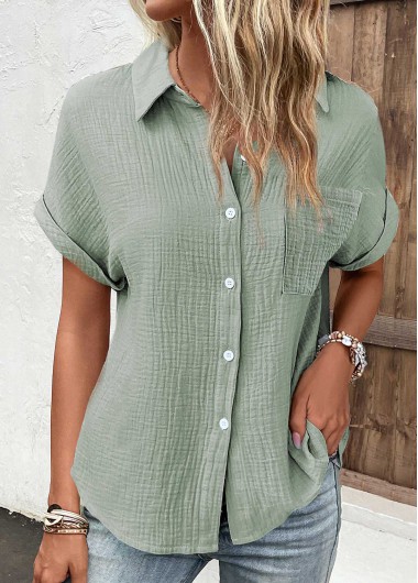 Pocket Sage Green Short Sleeve Shirt Collar Blouse