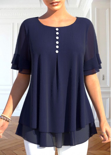 Round Neck Layered Navy Short Sleeve T Shirt