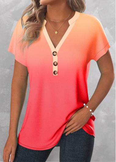 ROTITA Button Ombre Peach Red Split Neck T Shirt