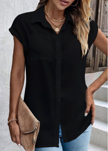 Short Sleeve Button Black Shirt Collar Blouse