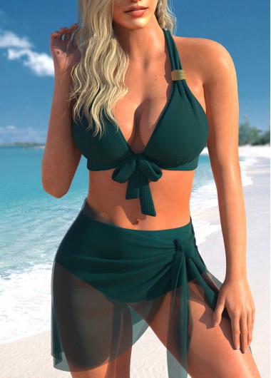 Mid Waisted Mesh Blackish Green Bikini Set