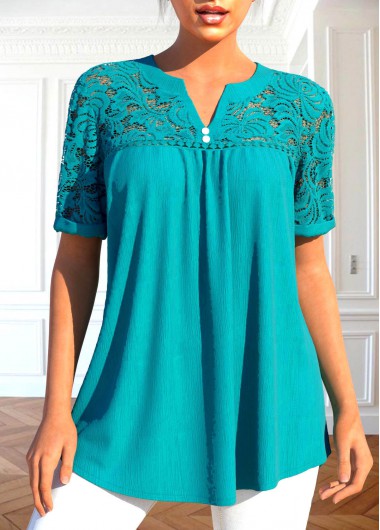 Short Sleeve Patchwork Turquoise Split Neck Blouse