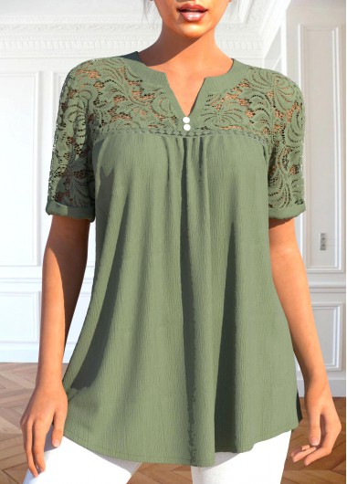 Short Sleeve Patchwork Sage Green Split Neck Blouse