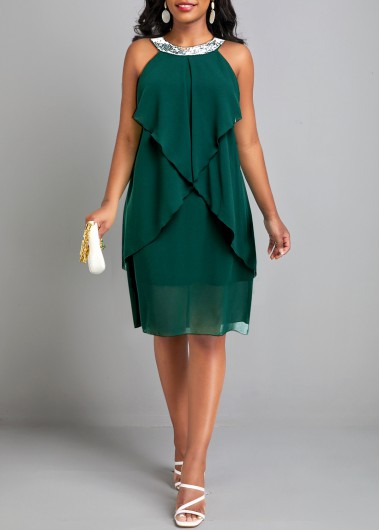 Green H Shape Round Neck Sleeveless Sequin Dress