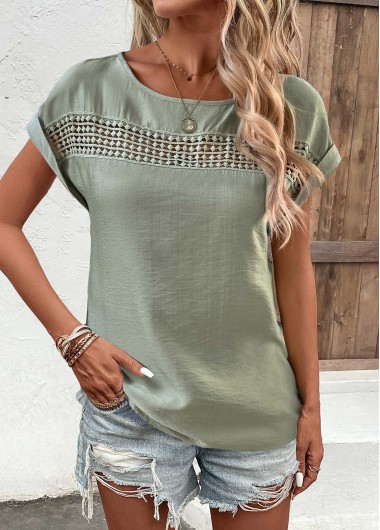 ROTITA Patchwork Sage Green Boat Neck Short Sleeve Blouse