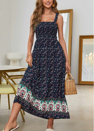 Smocked Ditsy Floral Print Navy Bandeau Dress