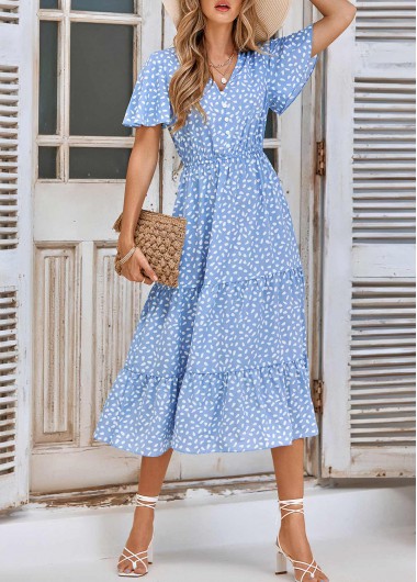 Ruched Leaf Print Light Blue V Neck Dress