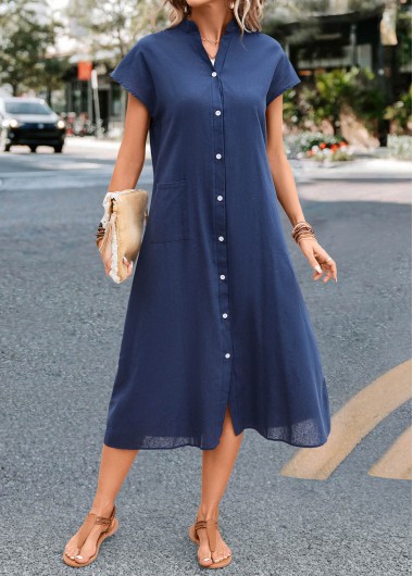 Pocket Navy Stand Collar Shift Dress
