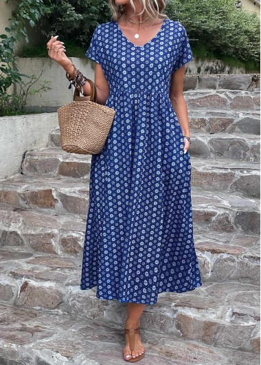 Pocket Geometric Print Dark Blue A Line Dress