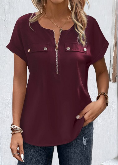 Plus Size Dark Reddish Purple Zipper Blouse