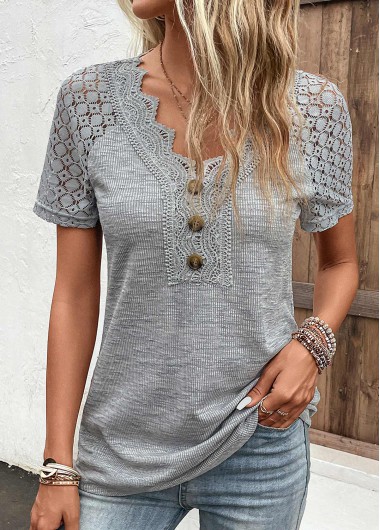 Plus Size Grey Lace Short Sleeve T Shirt