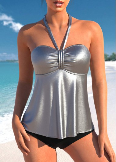 Tie Back Drawstring Silver Tankini Top
