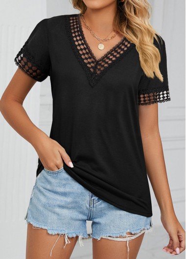 ROTITA Patchwork Black V Neck Short Sleeve T Shirt