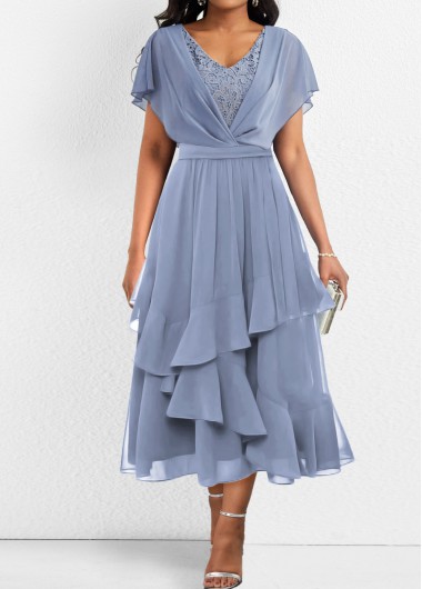 ROTITA Asymmetry Dusty Blue V Neck Short Sleeve Dress