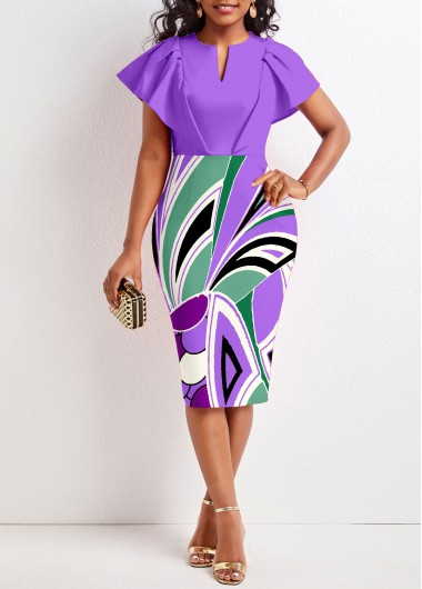 Geometric Print Ruffle Purple V Neck Bodycon Dress