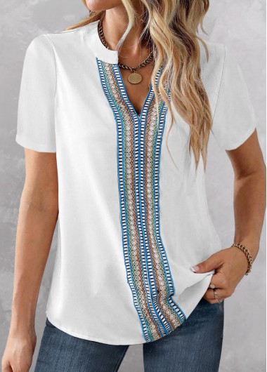 Patchwork White Short Sleeve Split Neck Blouse