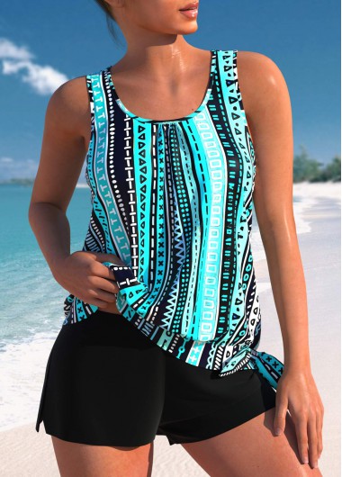 ROTITA Bowknot Cyan Geometric Print Mid Waisted Tankini Set