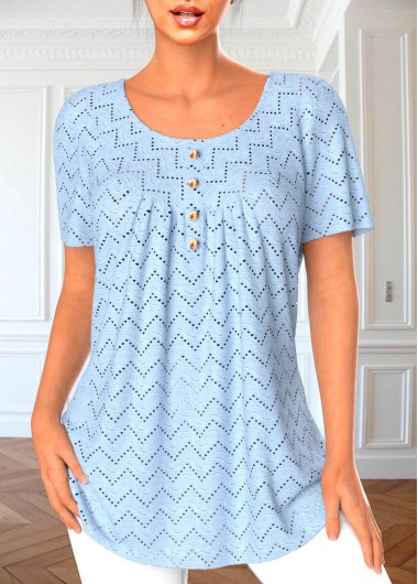 ROTITA Button Light Blue Round Neck Short Sleeve Blouse